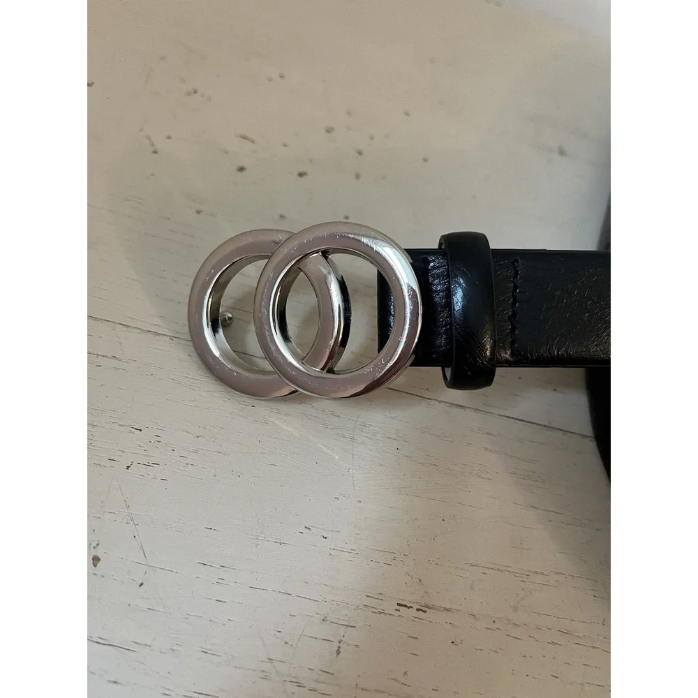 Nine West Women's Belt Size S 38X 1.1 Inch Black Faux Leather Silver Tone Buckle